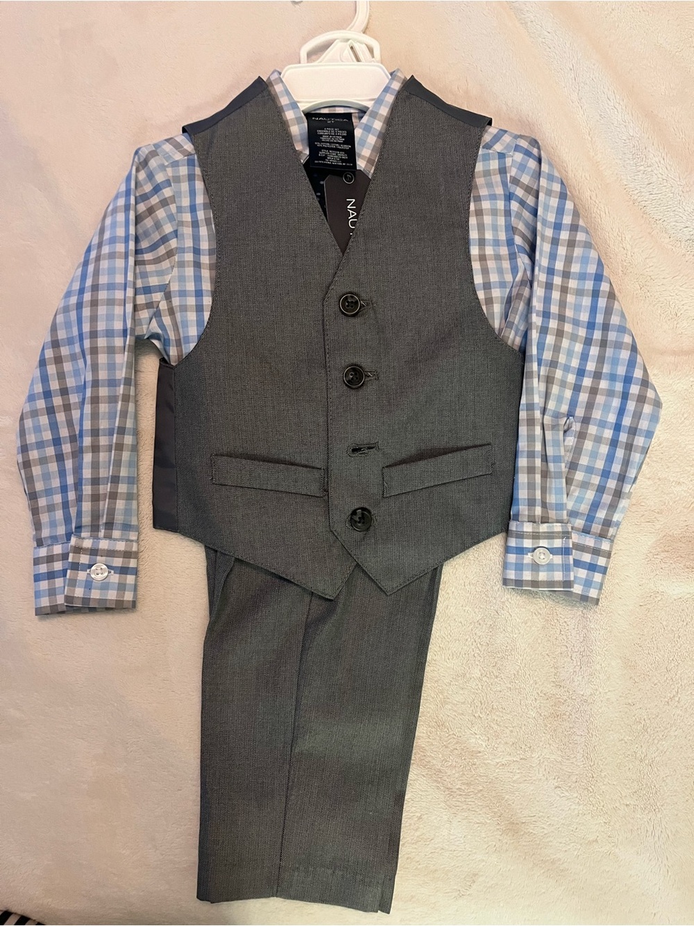 Nautica Grey Vest & Pants Set with Blue Check Shirt